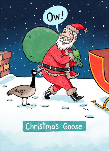 Christmas Goose Funny Christmas Card Funny A funny Christmas card of Santa being pecked in the butt by a goose. | merry Christmas Santa funny humorous snow gift chimney goose bird peck illustration cartoon surprise snow stars sack sleigh  Merry Christmas